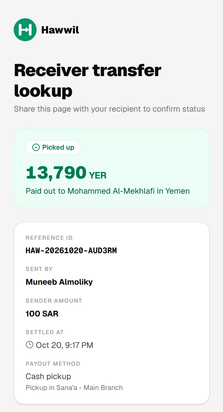 On a phone, the page a recipient opens for a transfer: 13,790 YER, marked picked up, with the reference, the sender, the amount sent and the pickup branch.