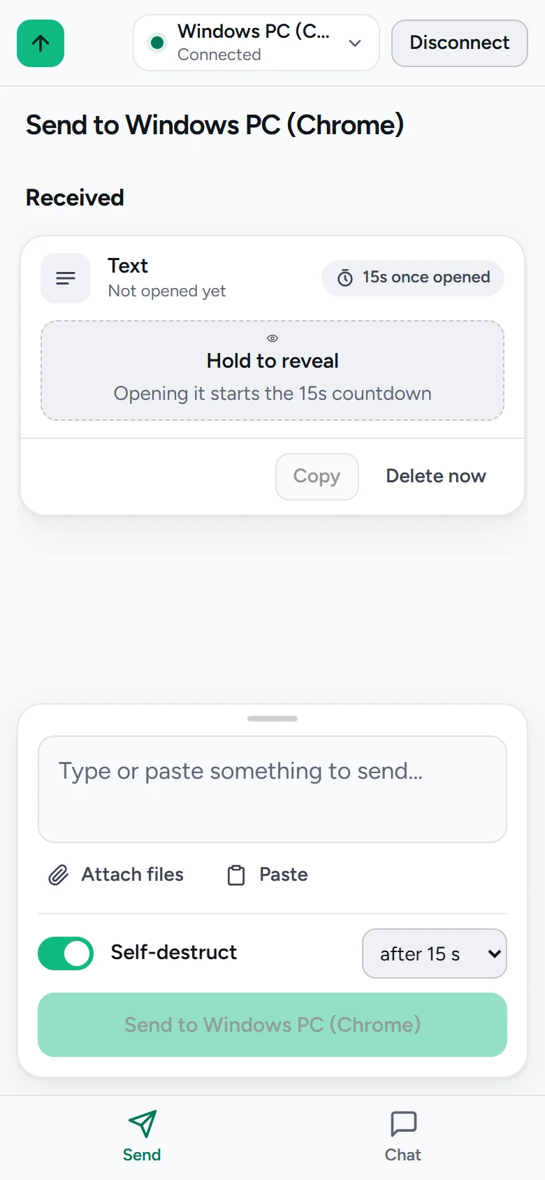 On the phone, a received text covered by “Hold to reveal”, marked to delete itself 15 seconds after it is opened.